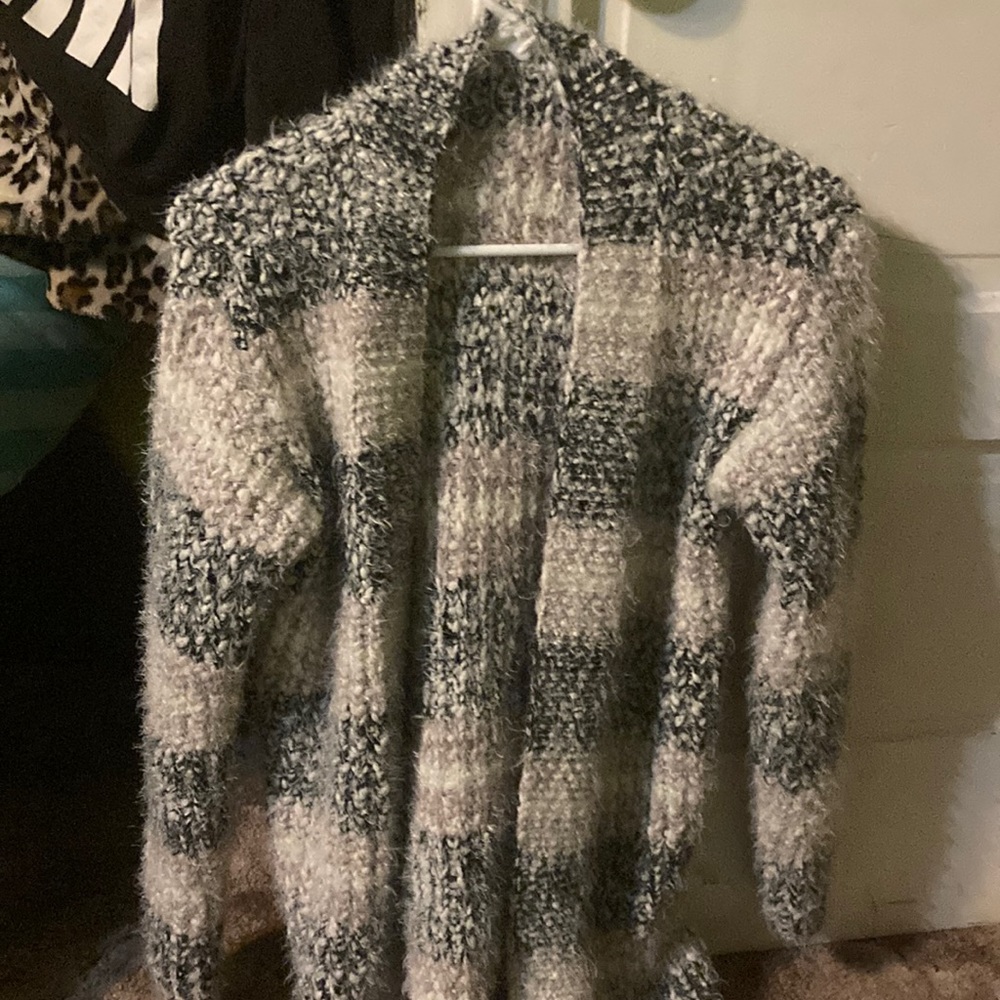 A black  white grey fluffy cardigan